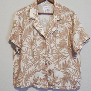 Nicole Miller New York 100% Linen Top Flax Crop Tropical Beach Palm Size M